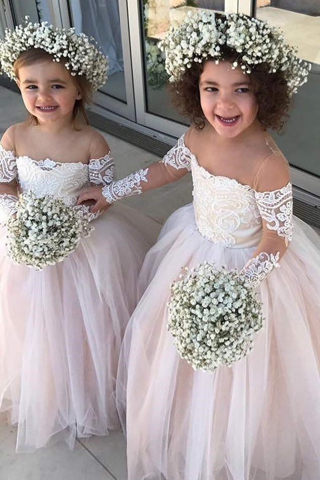 Ball Gown Long Sleeves Pink Long Flower Girl Dress