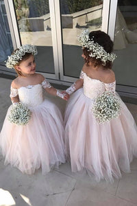 Ball Gown Long Sleeves Pink Long Flower Girl Dress