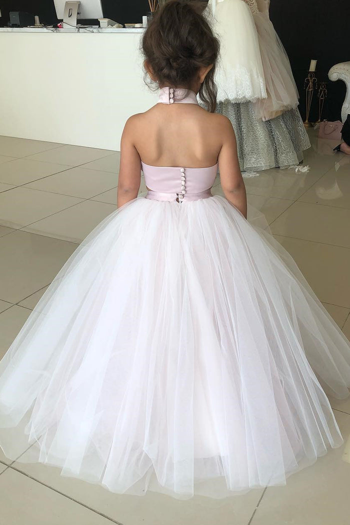 Two Piece High Neck Pink and White Flower Girl Dress