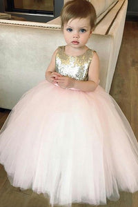 Cute Gold Sequins and Pink Tulle Flower Girl Dress with Bow
