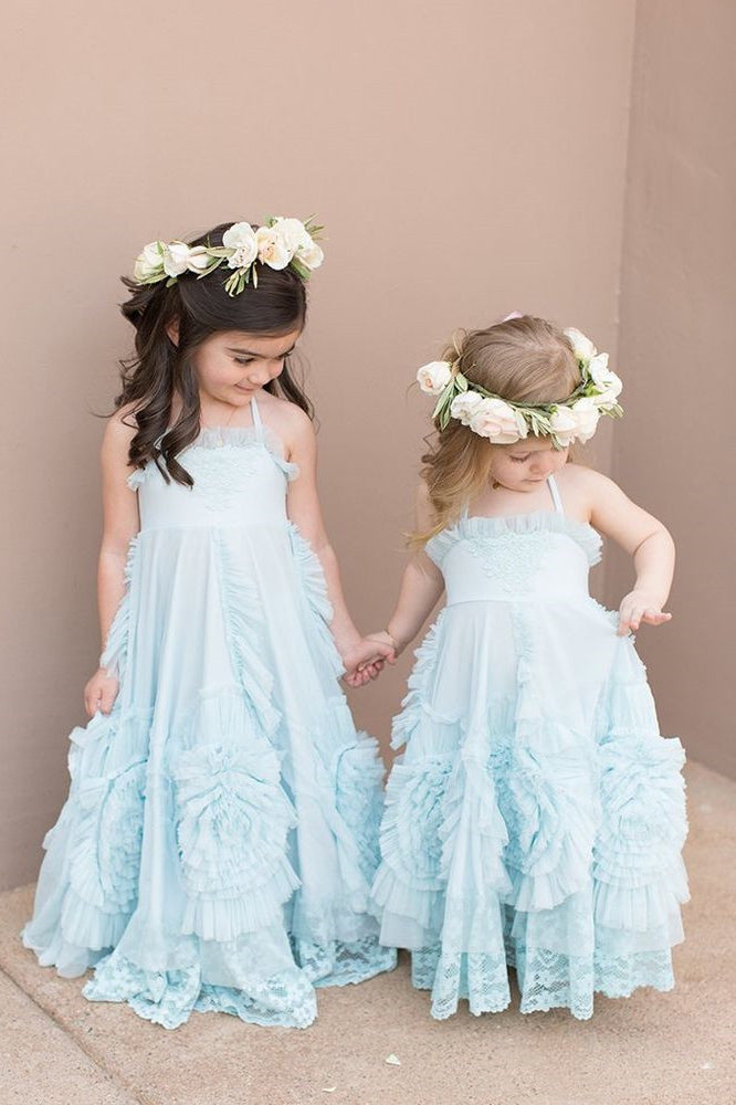 Princess Bohemian Beach Light Sky Blue Flower Girl Dress