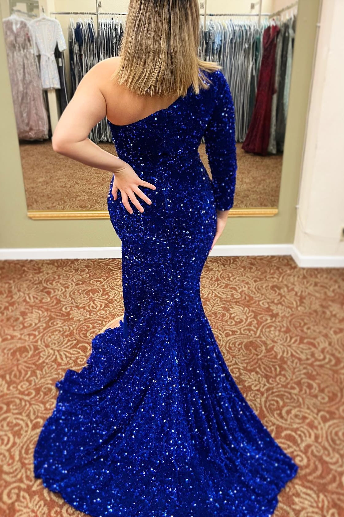 Pink Iridescent Sequin One-Sleeve Mermaid Long Prom Dress with Slit