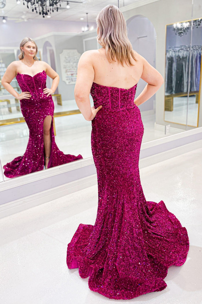 Fuchsia Sequin Strapless Mermaid Long Prom Dress with Slit