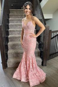 Pink Floral Lace V-Neck Trumpet Long Prom Dress