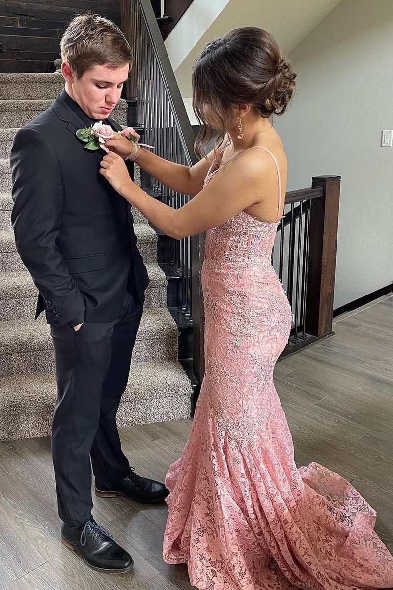 Pink Floral Lace V-Neck Trumpet Long Prom Dress