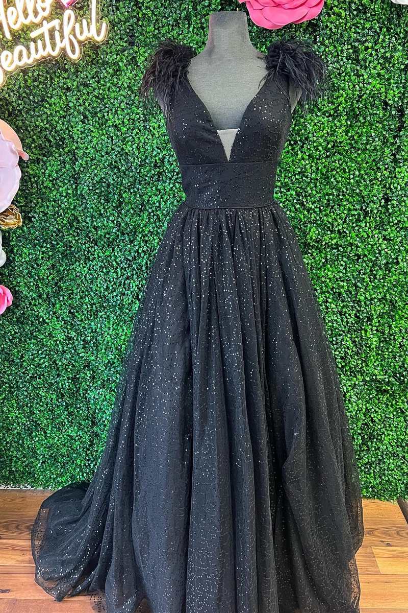 Glitter Feathers V-Neck Empire Waist A-Line Prom Gown