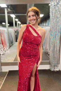 Red Mermaid One Shoulder Cut-Out Sequins Long Prom Dress with Slit