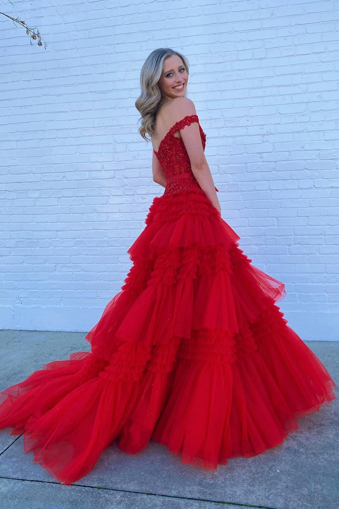 Pink Tulle Lace Off-the-Shoulder Ruffles Tiered Long Prom Dress