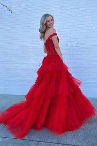 Pink Tulle Lace Off-the-Shoulder Ruffles Tiered Long Prom Dress