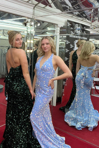 Blue Iridescent Sequin Mermaid Long Prom Dress