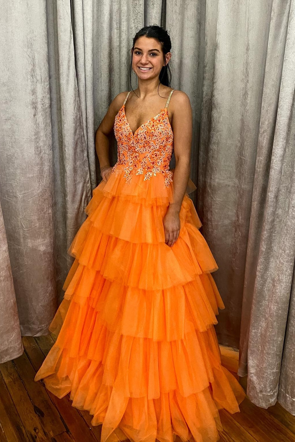 Multi-Tiered Lace Beaded V-Neck Long Prom Dress