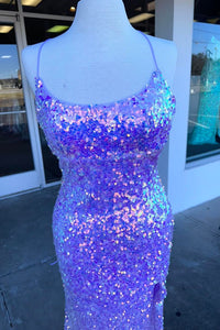 Purple Iridescent Sequin Lace-Up Back Mermaid Long Prom Dress