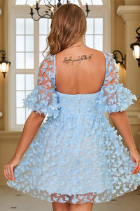 A-Line Light Blue Short Party with 3D Butterflies.
