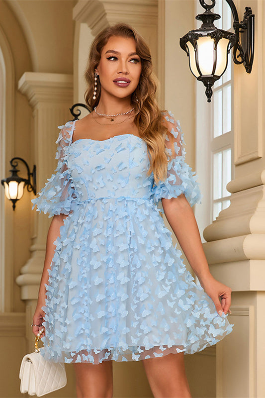 A-Line Light Blue Short Party with 3D Butterflies.