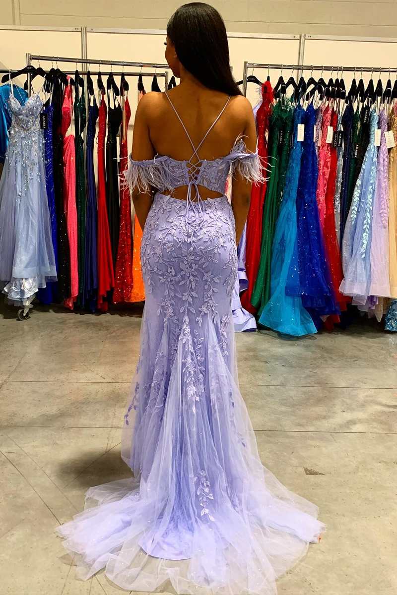 Lavender Appliques Feather Mermaid Long Prom Dress