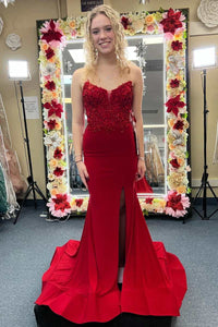 Red 3D Floral Lace Strapless Mermaid Long Prom Dress