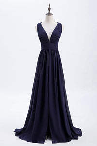 Empire Navy Blue Chiffon A-line Long Bridesmaid Dress