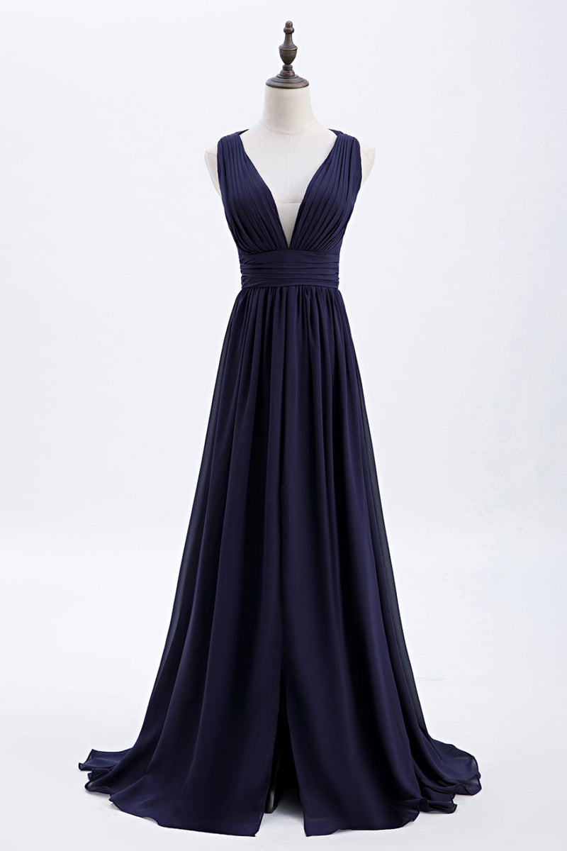 Empire Navy Blue Chiffon A-line Long Bridesmaid Dress