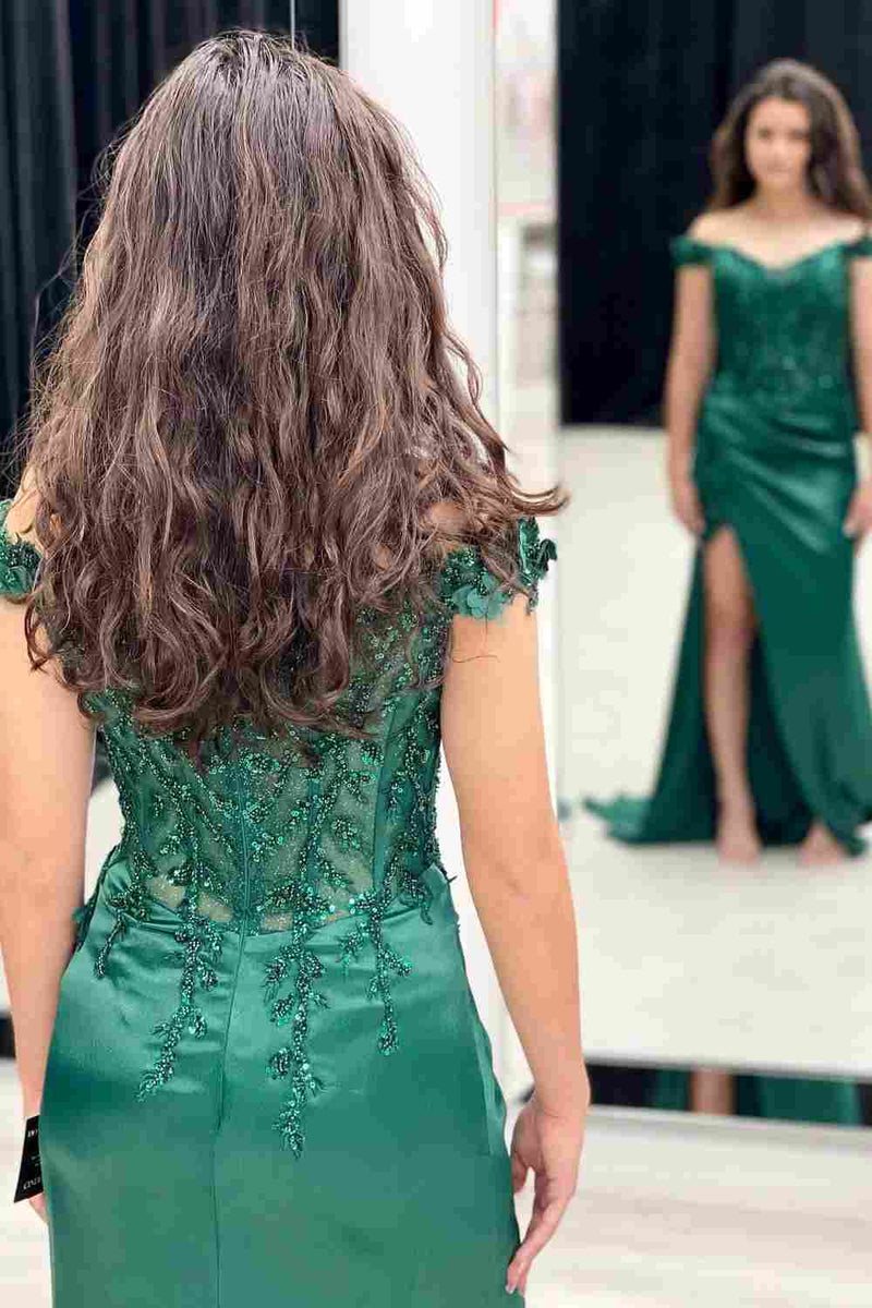 Green Mermaid Off-Shoulder Applique Pleated Satin Long Prom Dress with Slit