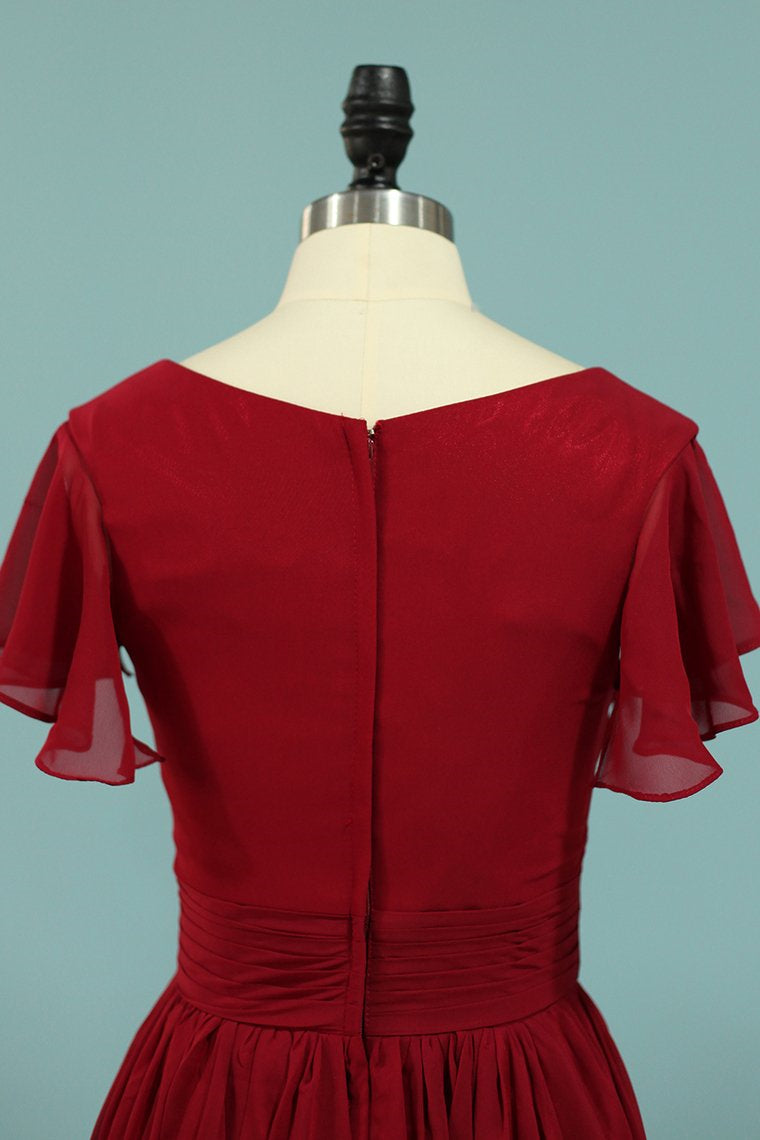 Red Chiffon V-Neck Ruffled A-Line Long Bridesmaid Dress