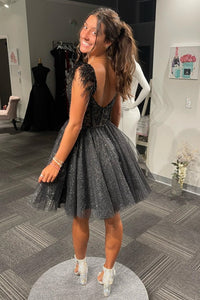 Steel Grey A-line Beaded Tulle Knee Length Prom Dress with Feathers