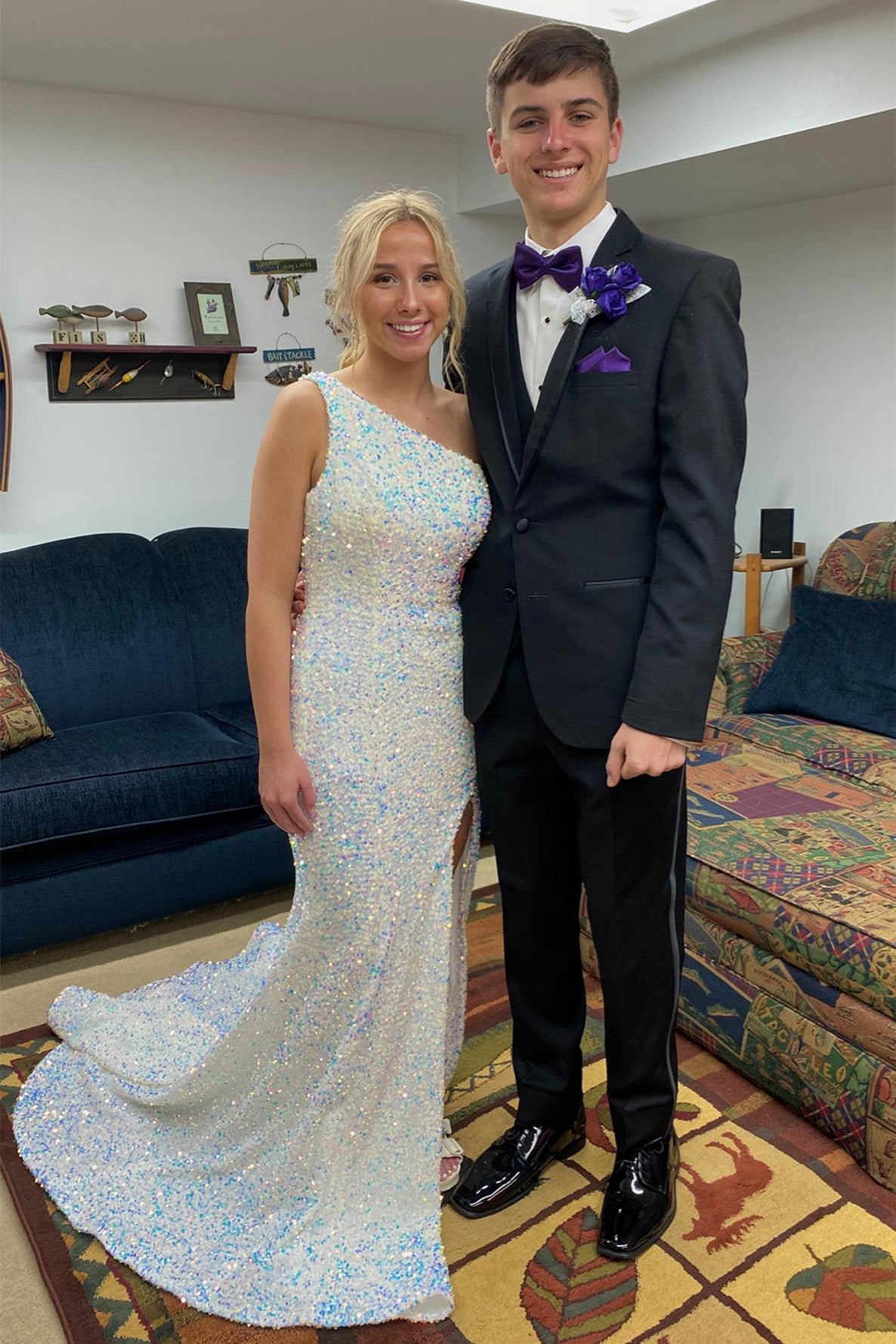 Ivory Mermaid One Shoulder Sequins Sweeping Long Prom Dress with Slit