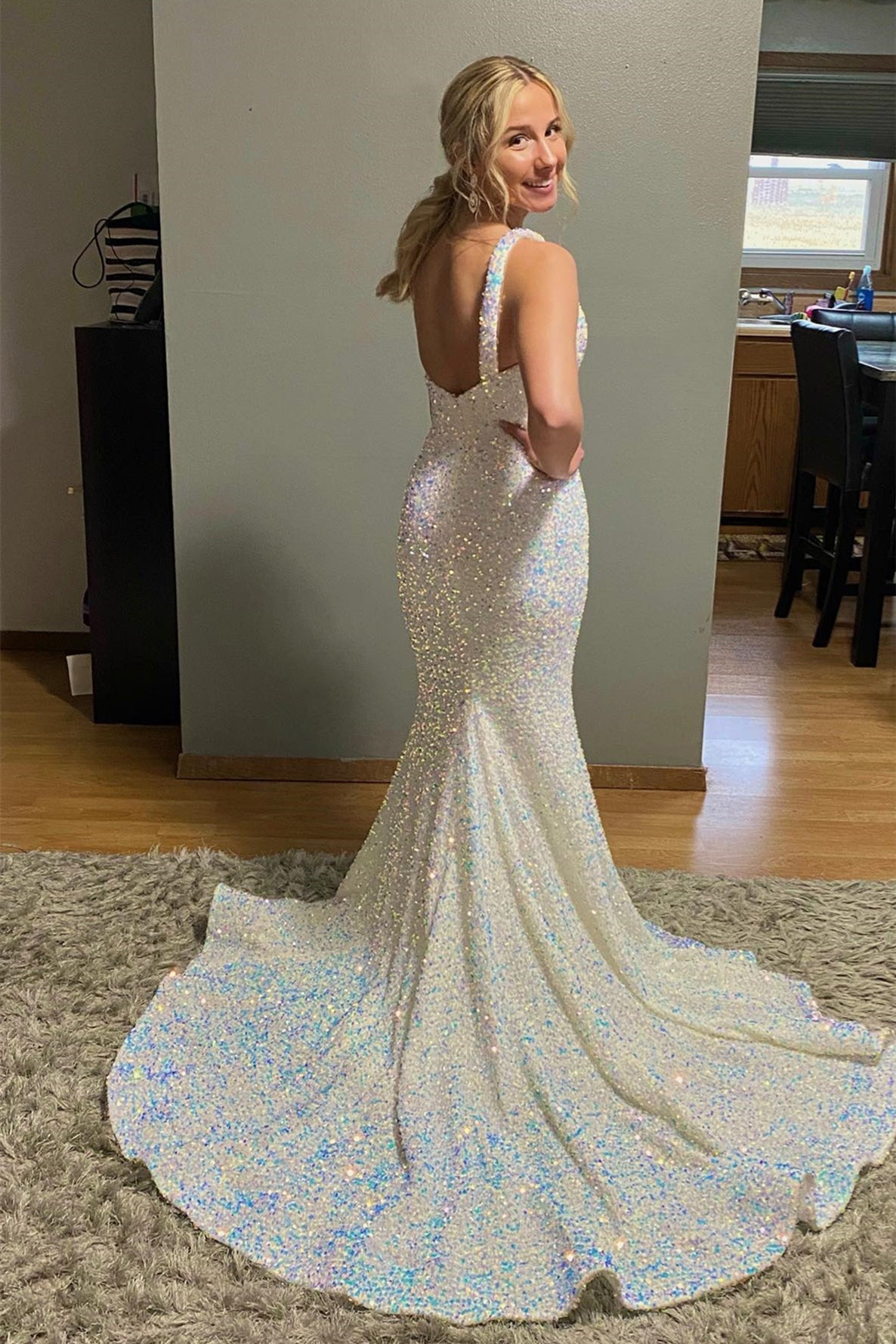 Ivory Mermaid One Shoulder Sequins Sweeping Long Prom Dress with Slit