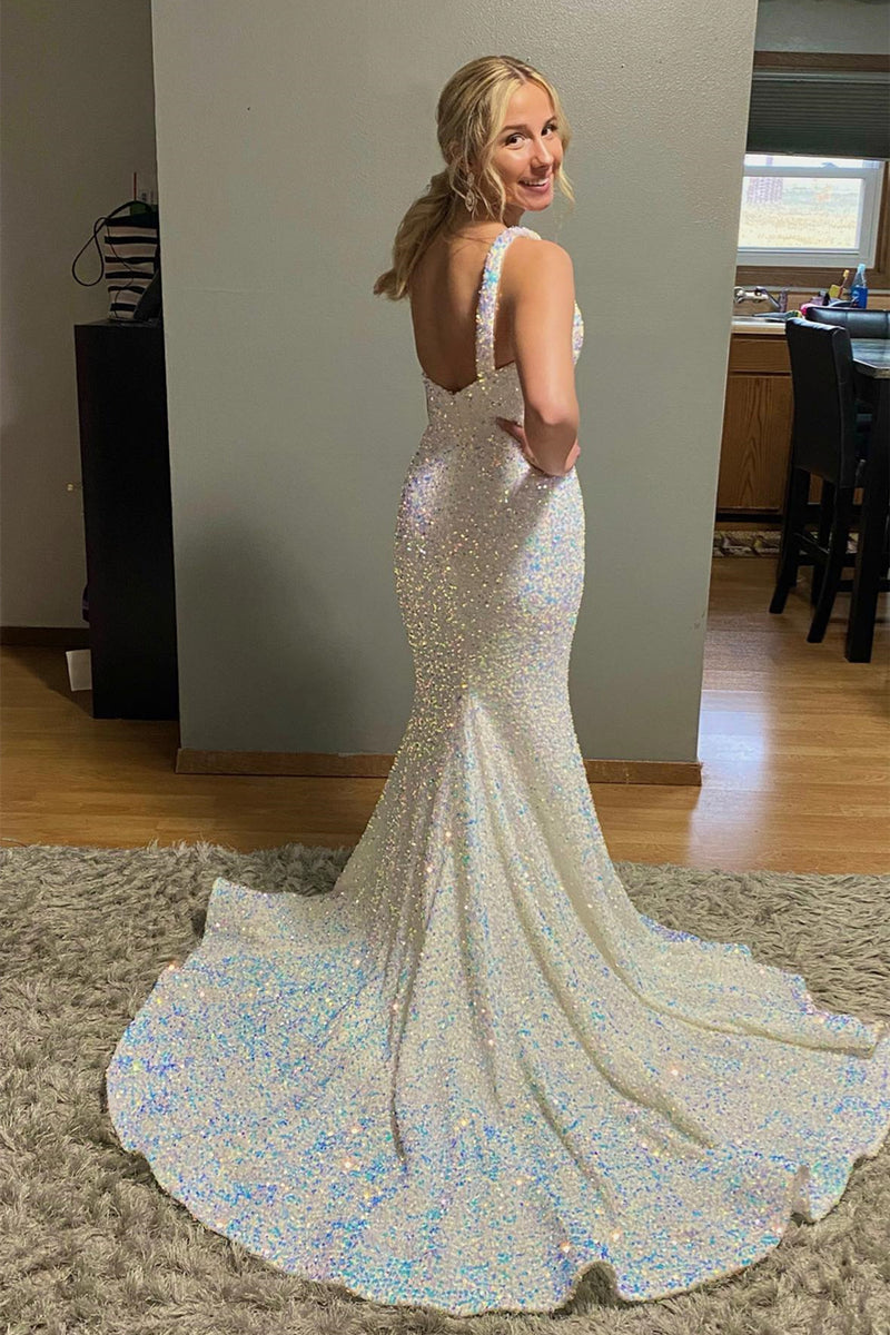 Ivory Mermaid One Shoulder Sequins Sweeping Long Prom Dress with Slit
