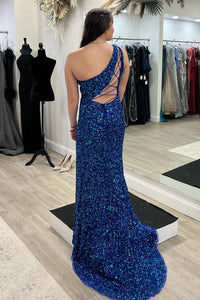 Royal Blue Mermaid One Shoulder Lace-Up Back Sequins Long Prom Dress with Slit