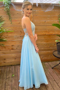 Light Blue Lace Plunge Neck A-Line Prom Dress with Slit