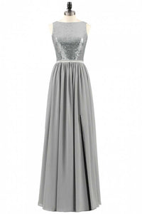 Grey Sequin Bateau Neck Backless A-Line Long Bridesmaid Dress