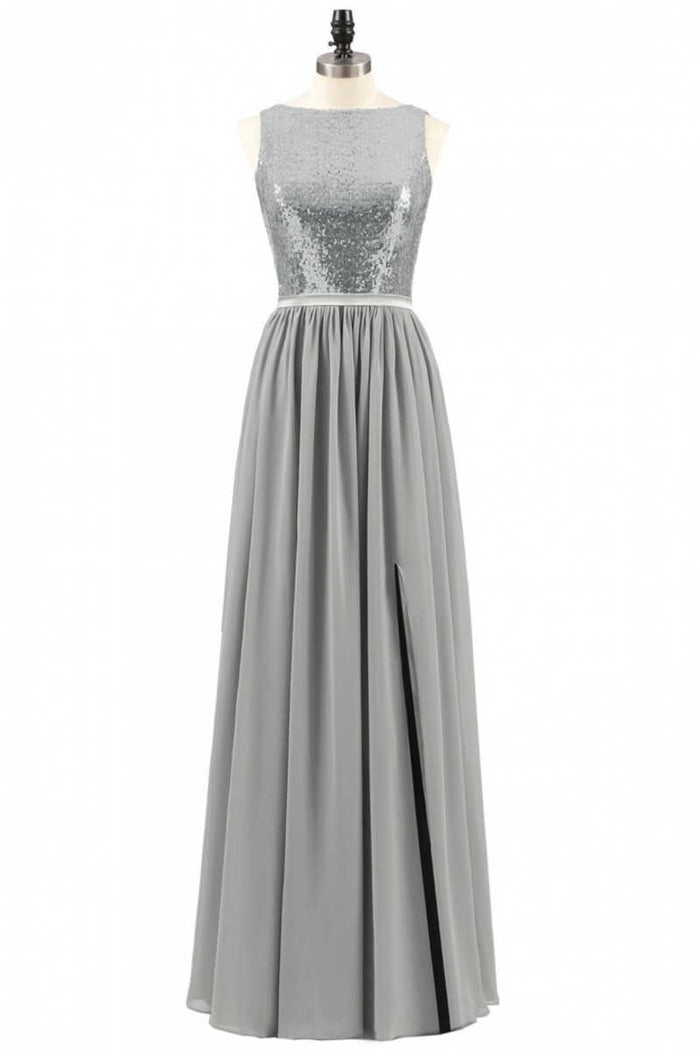 Grey Sequin Bateau Neck Backless A-Line Long Bridesmaid Dress