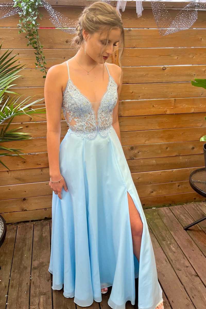 Light Blue Lace Plunge Neck A-Line Prom Dress with Slit