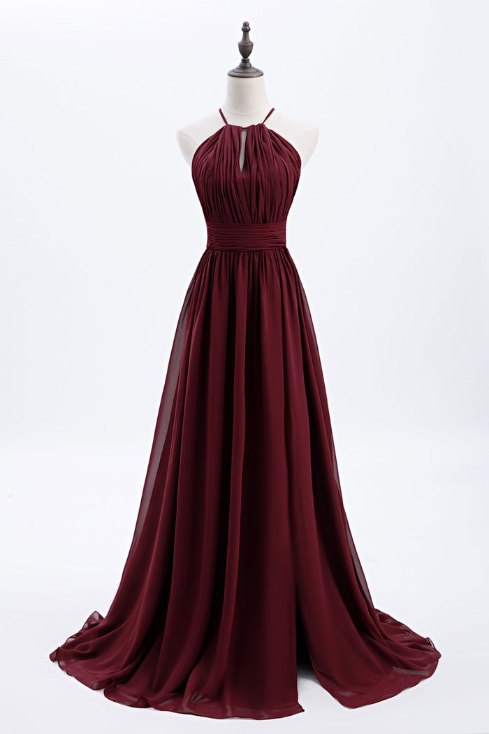Halter Burgundy Keyhole Chiffon A-line Bridesmaid Dress