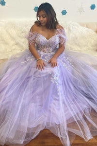Lavender Floral Lace Feathers Off-the-Shoulder Lace-Up A-Line Prom Gown