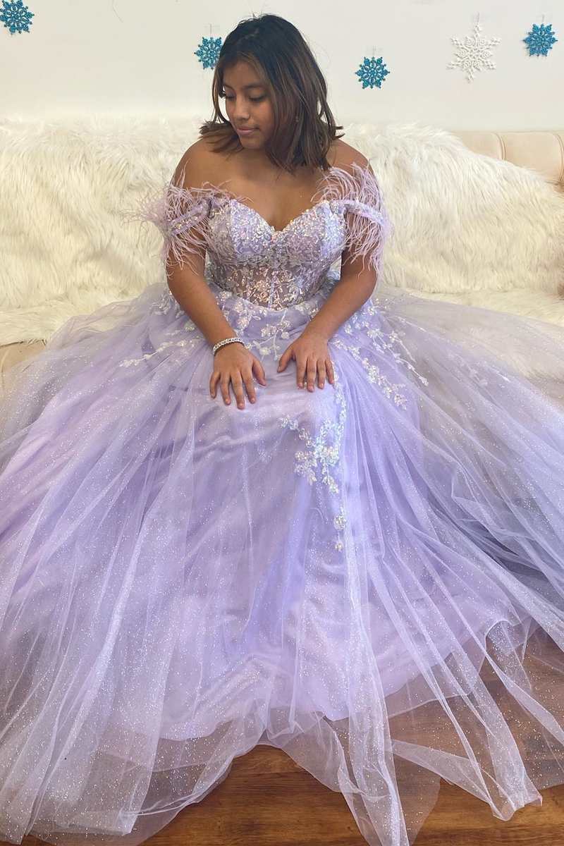 Lavender Floral Lace Feathers Off-the-Shoulder Lace-Up A-Line Prom Gown