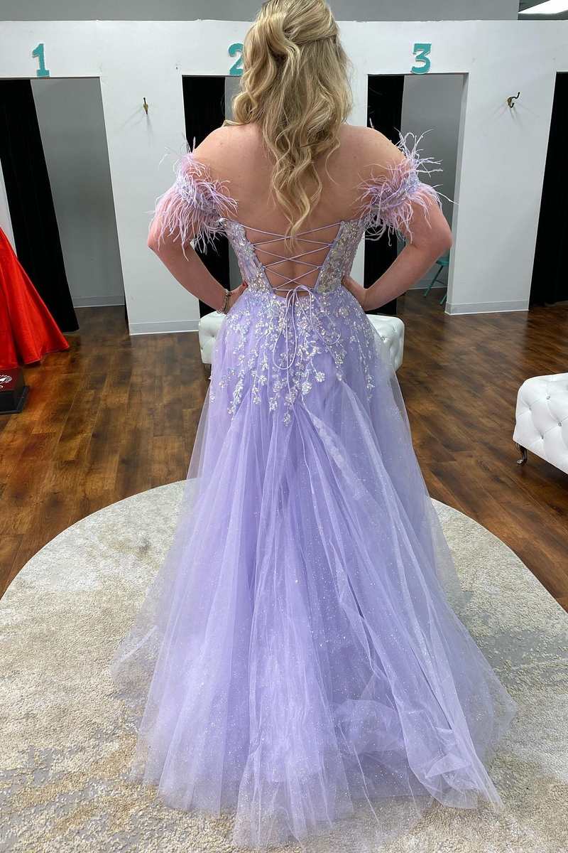 Lavender Floral Lace Feathers Off-the-Shoulder Lace-Up A-Line Prom Gown