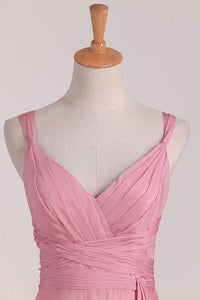 Pink V-Neck Lace-Up Long Bridesmaid Dress