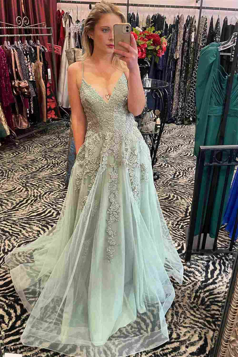 Dusty Sage A-line V Neck Applique Tulle Long Prom Dress