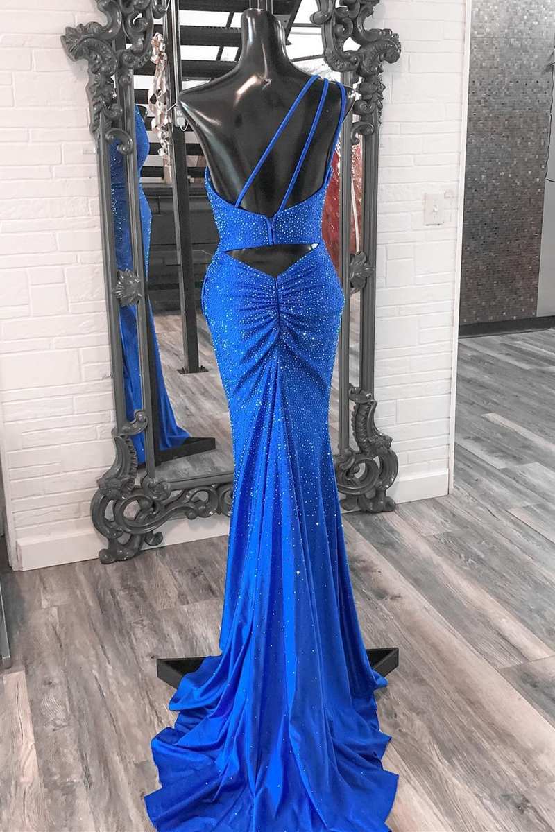 Blue Beaded One-Shoulder Ruched Long Formal Dress with Slit