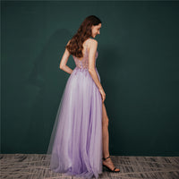 Light Purple A-line Rhinestones Tulle Long Prom Dress