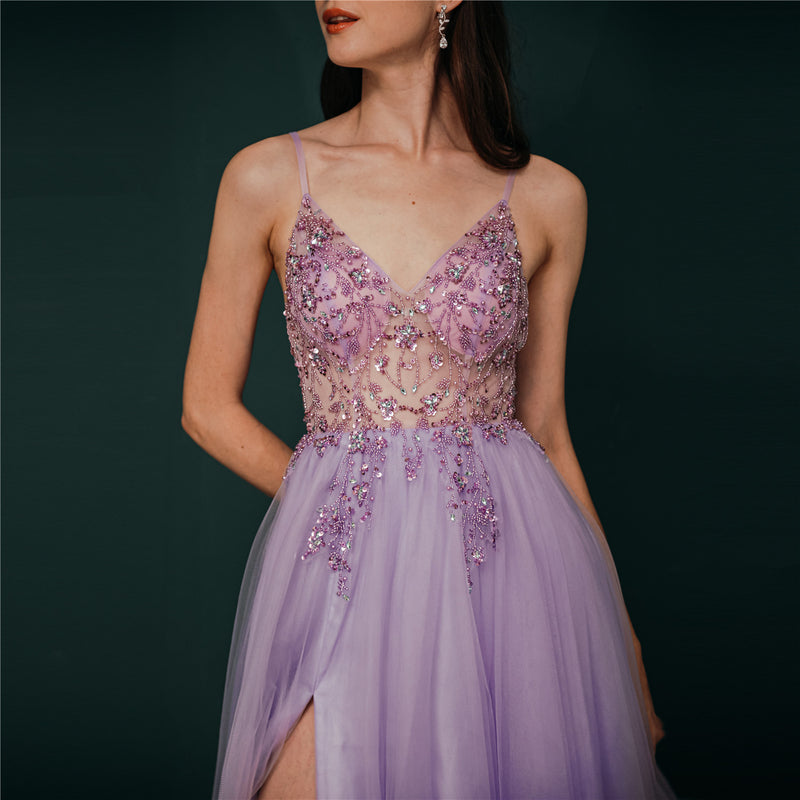 Light Purple A-line Rhinestones Tulle Long Prom Dress