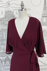 Cabernet Faux-Wrap V Neck Sleeves Chiffon Long Bridesmaid Dress with Sash