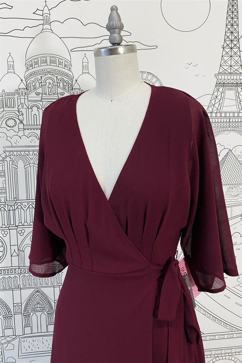 Cabernet Faux-Wrap V Neck Sleeves Chiffon Long Bridesmaid Dress with Sash