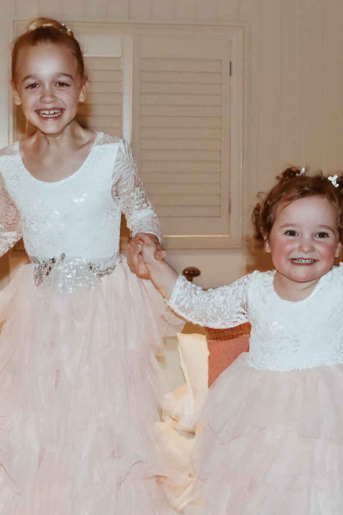 White &Blush Pink Long Sleeve Backless Multi-Tiered Flower Girl Dress