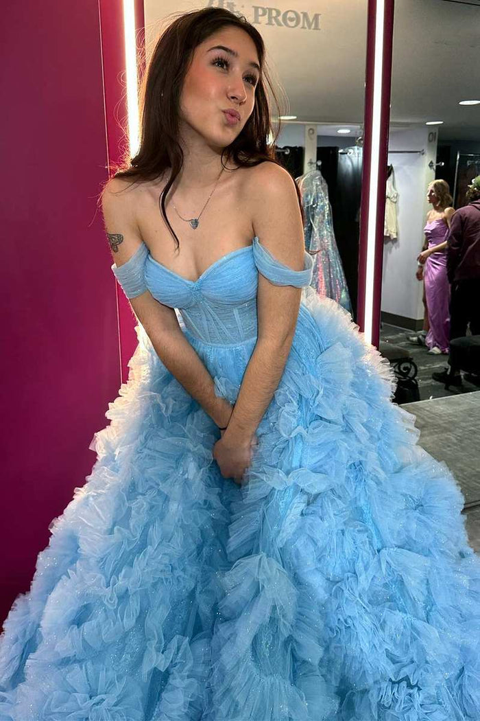 Blue Ruffles Off-the-Shoulder A-Line Prom Gown with Slit