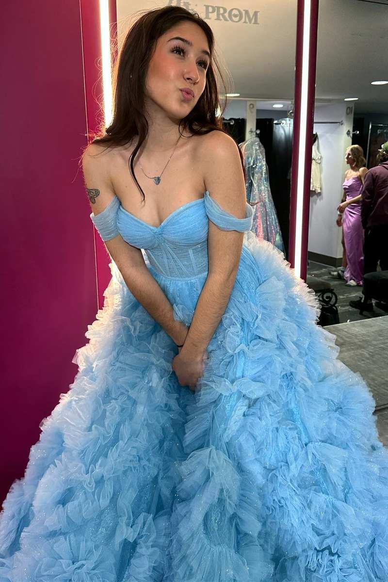 Blue Ruffles Off-the-Shoulder A-Line Prom Gown with Slit