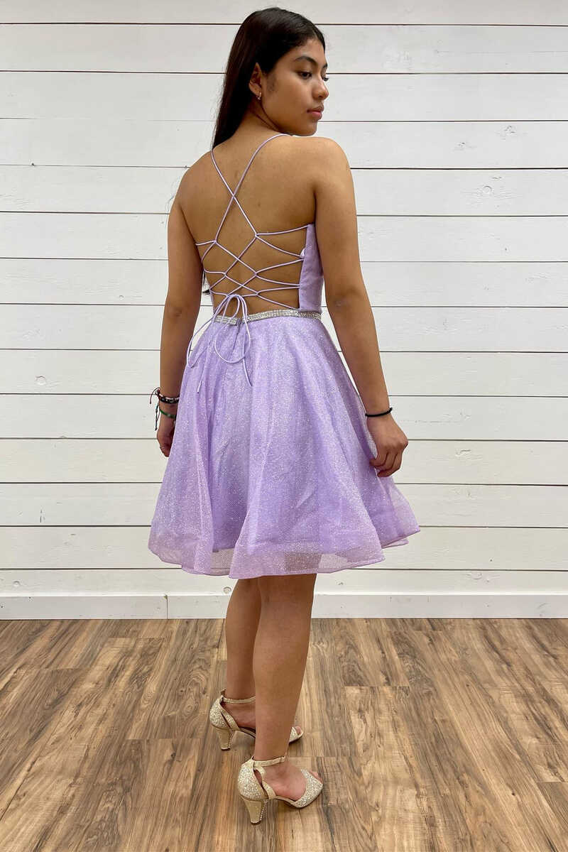 A-Line Lavender Plunge V-Short Homecoming Dress