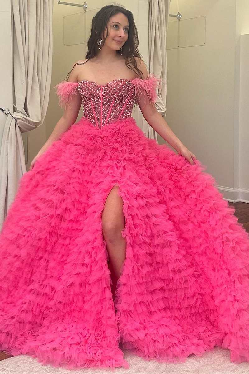 Hot Pink Beaded Feather Off-the-Shoulder Tiered Long Prom Dress with Slit