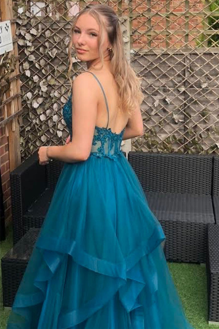 Blue A-line Spahetti Straps Appliques Ruffle-Layers Tulle Long Prom Dress